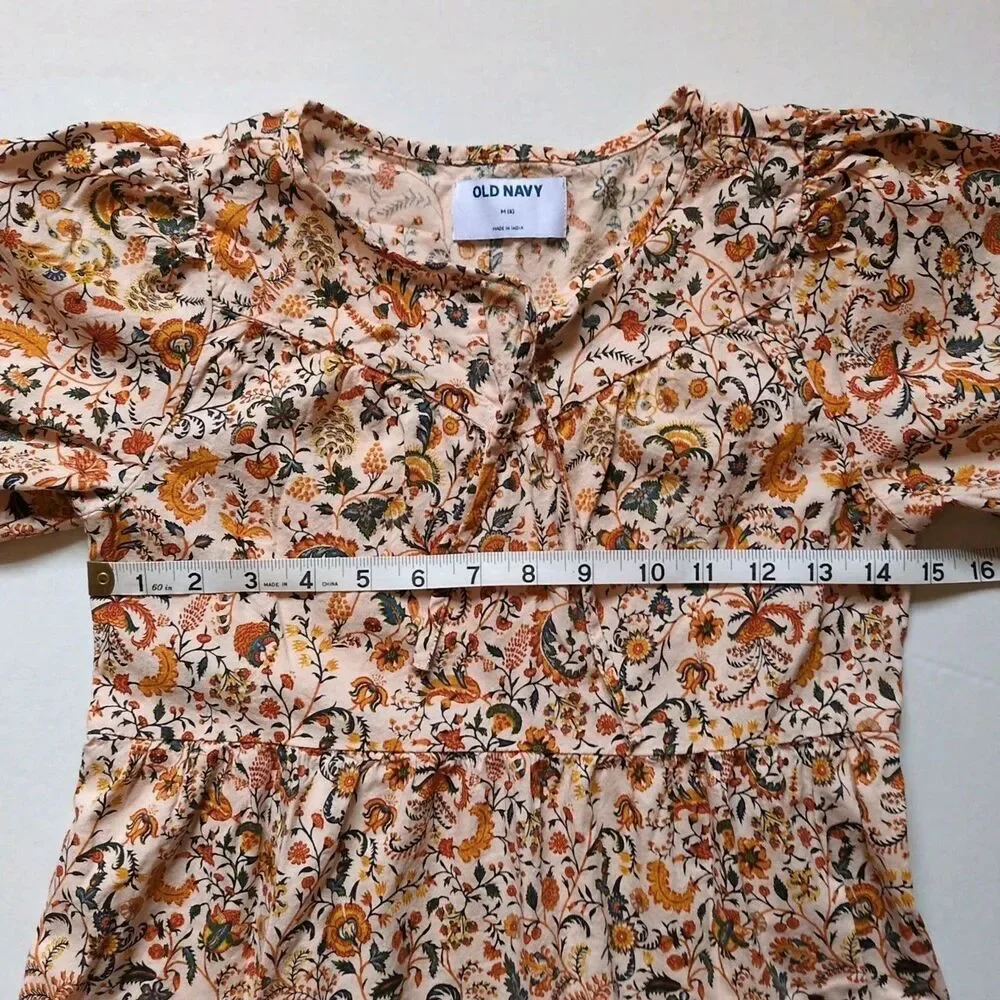 Old Navy Floral Puff‎ Sleeve Tiered Dress Girls M 8 Yellow Boho Cottage Peasant